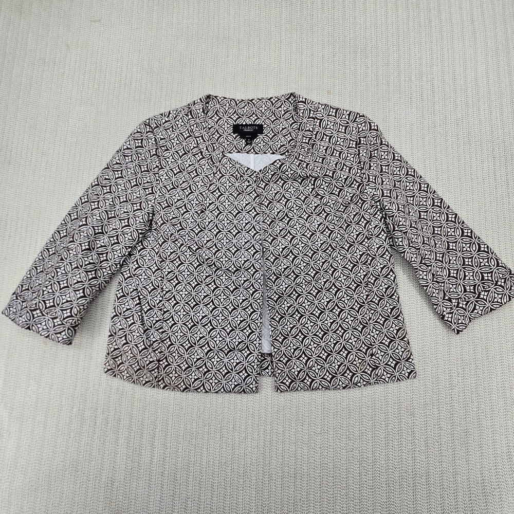 Talbots Blazer Jacket Womens 6 Brown White Geometric Cotton Twill Open Front